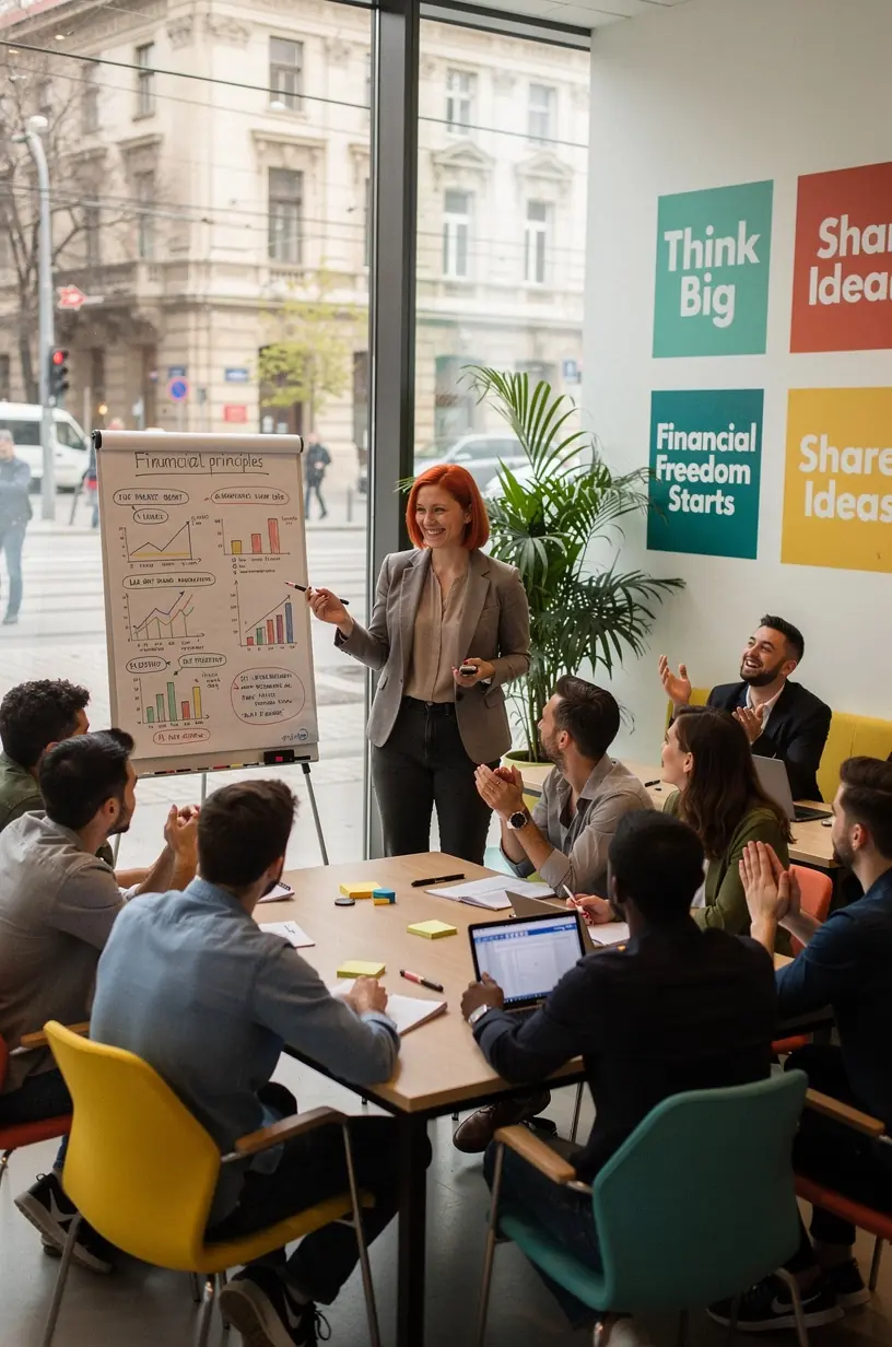 Elégedett résztvevők vitatkoznak egy workshop szünetében, jegyzetekkel a kezükben