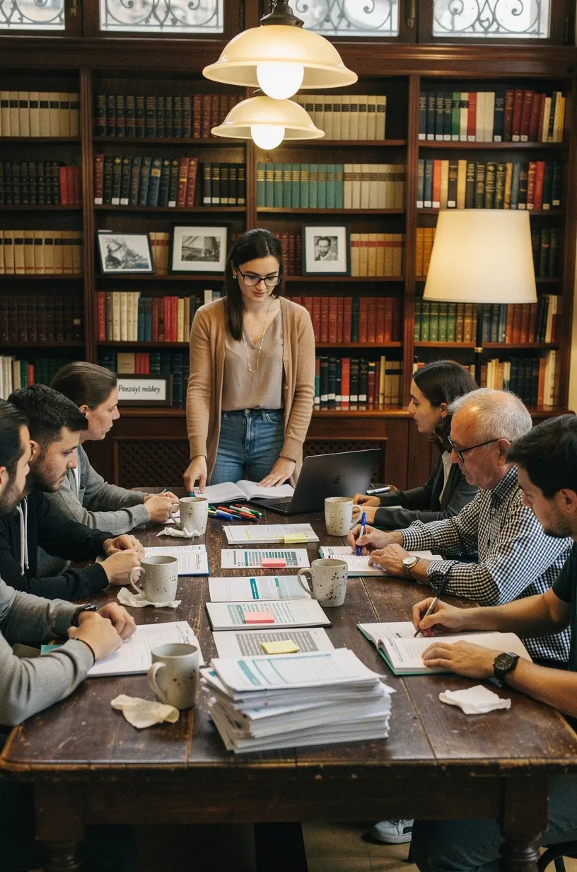 Eladó exkluzív pénzügyi munkafüzetek egy rendezvény standján, vásárlók közreműködésével