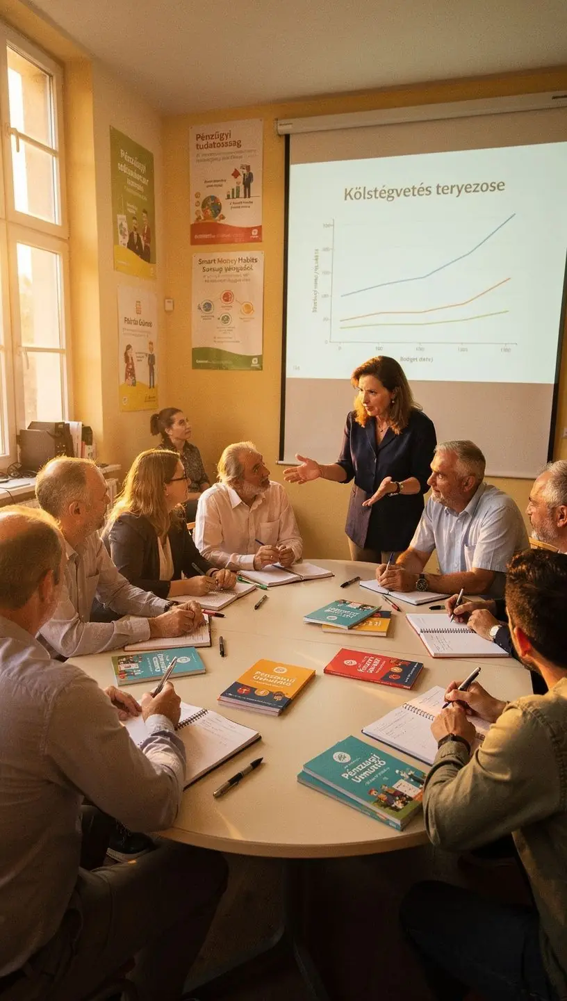 Workshop résztvevők jegyzetelnek és figyelnek egy pénzügyi tanácsadó előadásán